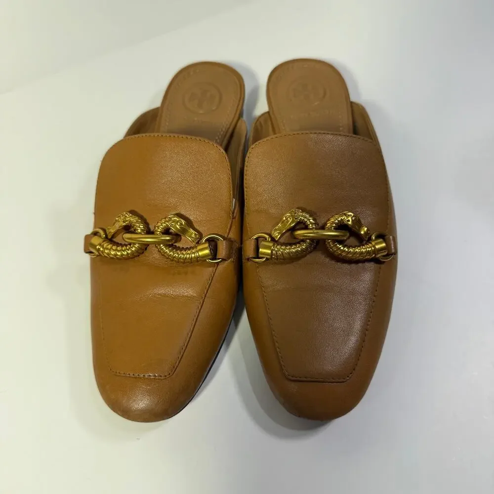 Tory Burch Jessa Backless Loafer Equestrian Brown Leather Horse Bit Mules Size 5